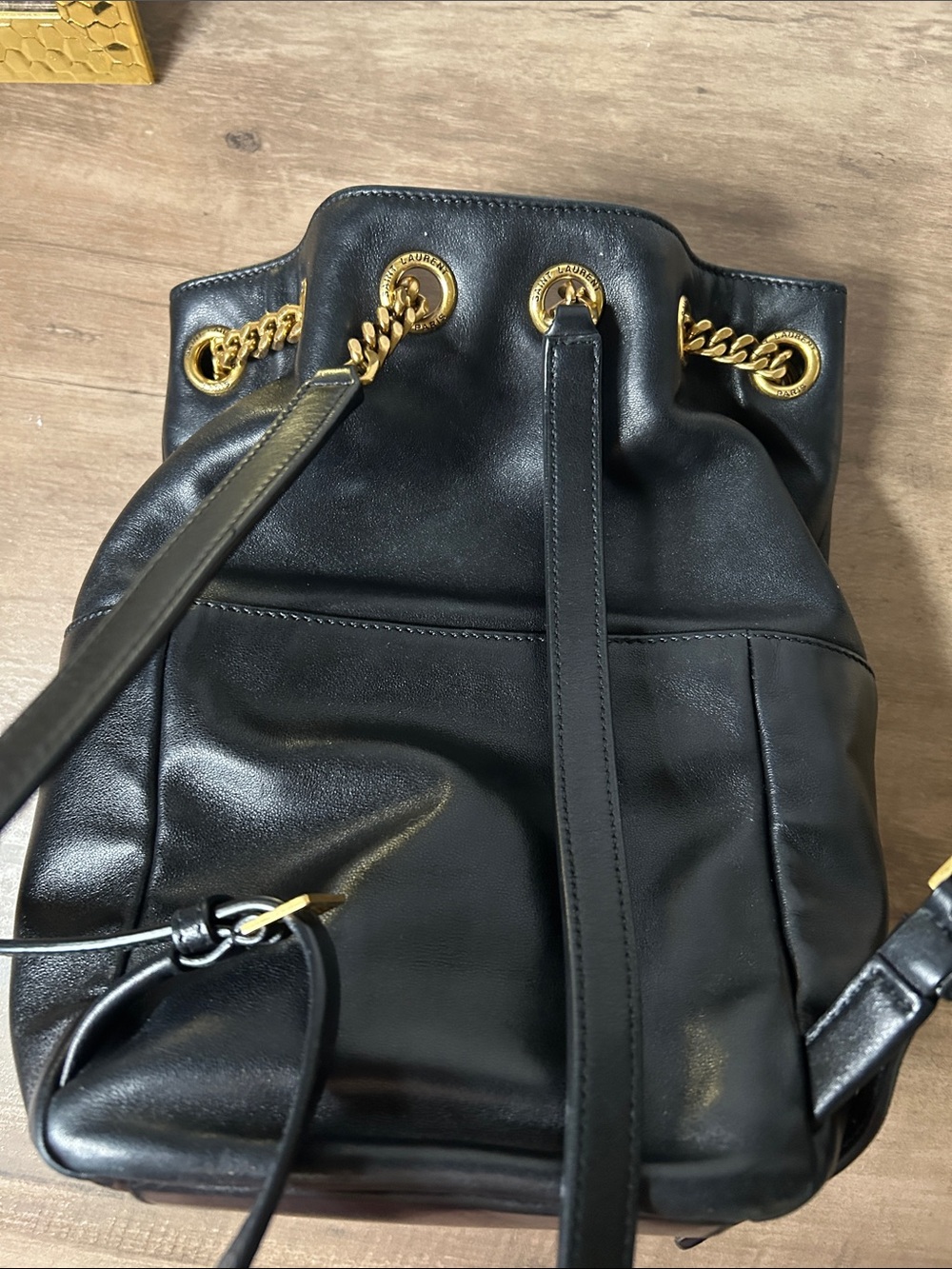 Saint Laurent Black Leather Drawstring Backpack with Gold Hardware - Picture 5 of 11